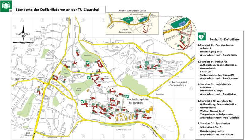 Karte der Defibrillatoren auf dem TUC-Campus