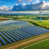 Landschaftsaufnahme, die Windräder, Solarenergie und Felder zeigt. 