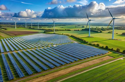 Landschaftsaufnahme, die Windräder, Solarenergie und Felder zeigt. 