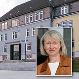 Hauptgebäude der TU Clausthal neben dem Porträt von einer Person