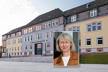 Hauptgebäude der TU Clausthal neben dem Porträt von einer Person