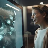 Ein gläsernder Roboter und eine Frau schauen sich an. 