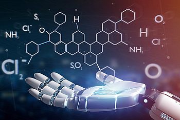 Roboterhand mit chemischen Verbundstoffen darüber